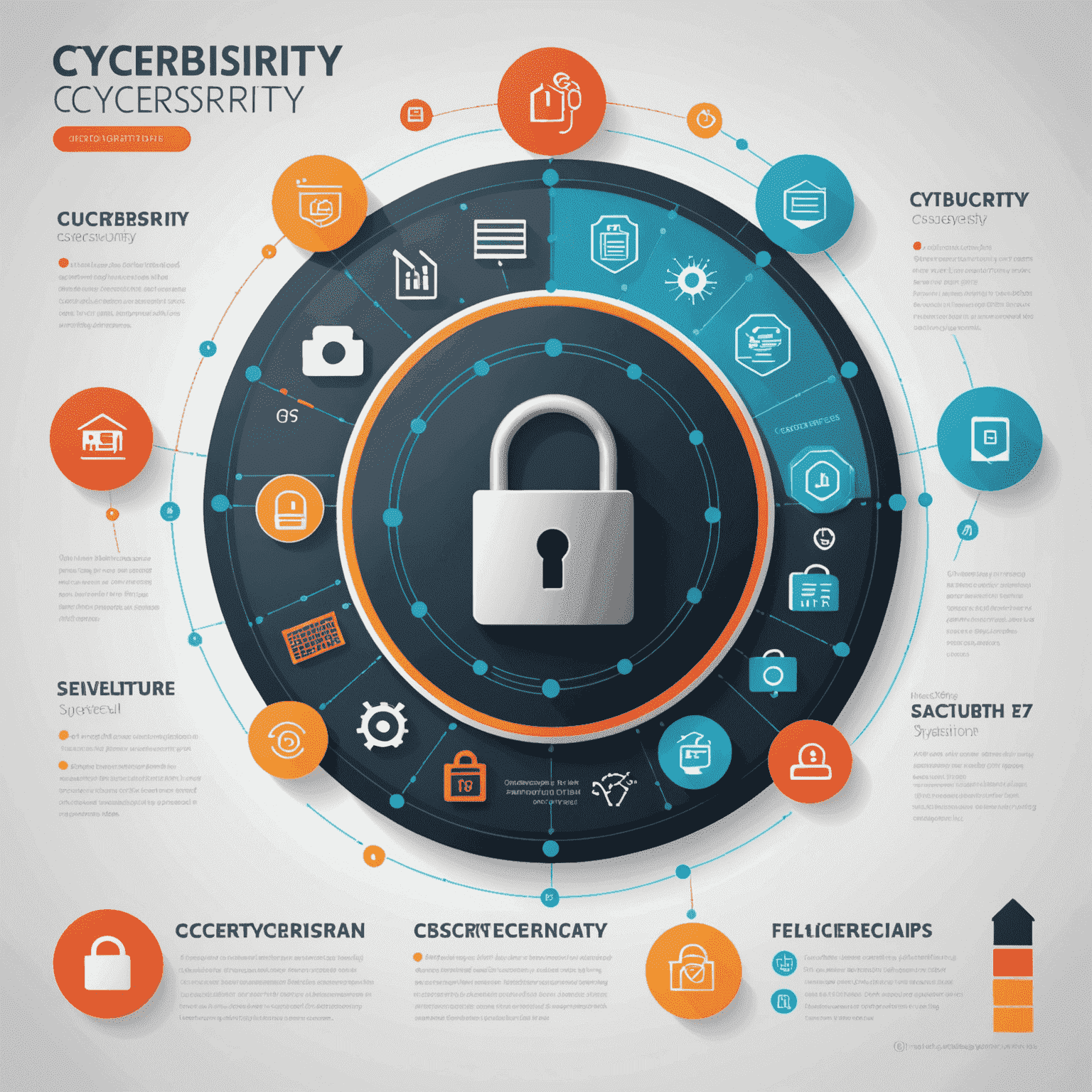 Infografika przedstawiająca różne aspekty cyberbezpieczeństwa, w tym firewall, szyfrowanie danych, bezpieczne hasła i aktualizacje systemu