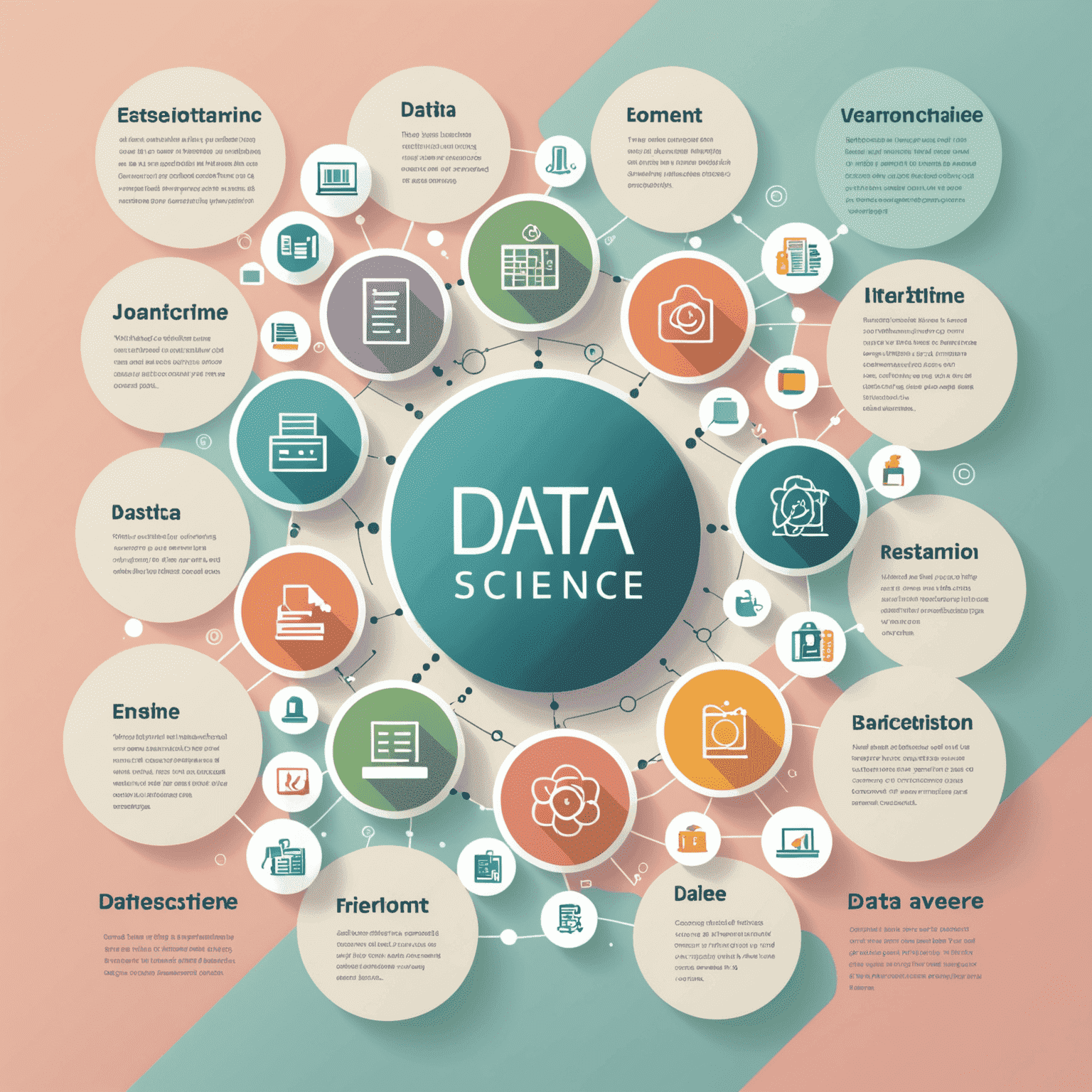 Infografika przedstawiająca różne aspekty Data Science, w tym analizę danych, uczenie maszynowe i wizualizację danych. Grafika wykorzystuje pastelowe kolory i proste ikony do zilustrowania kluczowych pojęć.