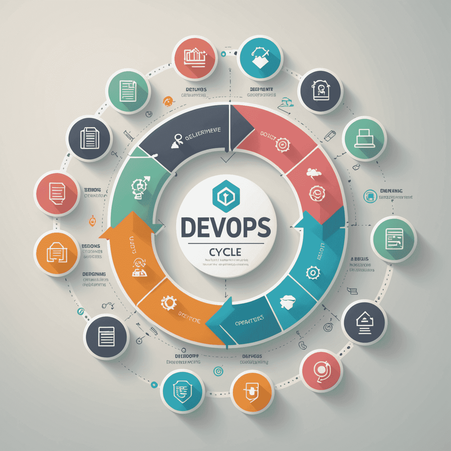 Infografika przedstawiająca cykl DevOps z ikonami reprezentującymi planowanie, kodowanie, budowanie, testowanie, wdrażanie, operacje i monitorowanie w pastelowych kolorach na jasnym tle