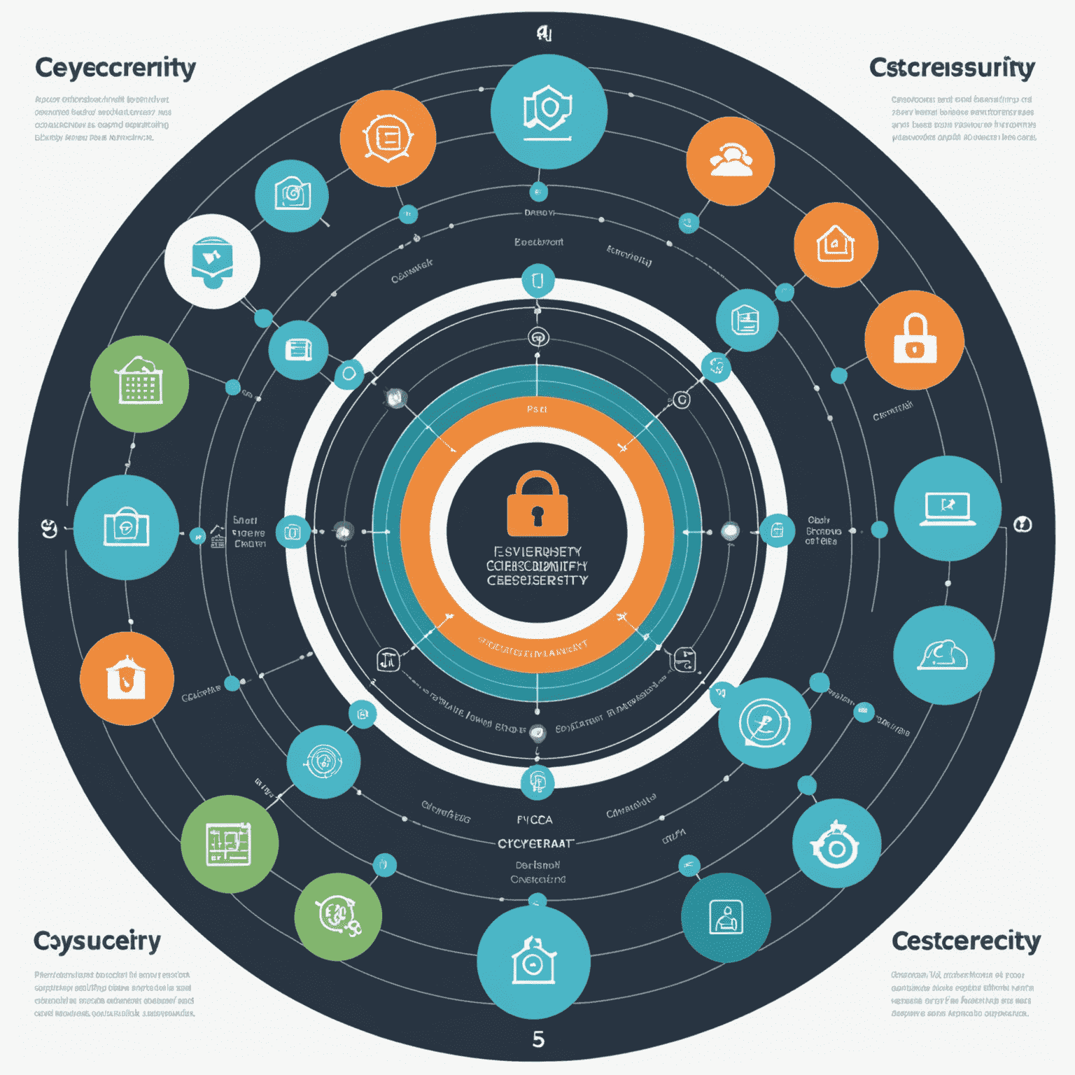 Diagram przedstawiający warstwowe podejście do cyberbezpieczeństwa, pokazujący różne poziomy ochrony od sieci po dane końcowe