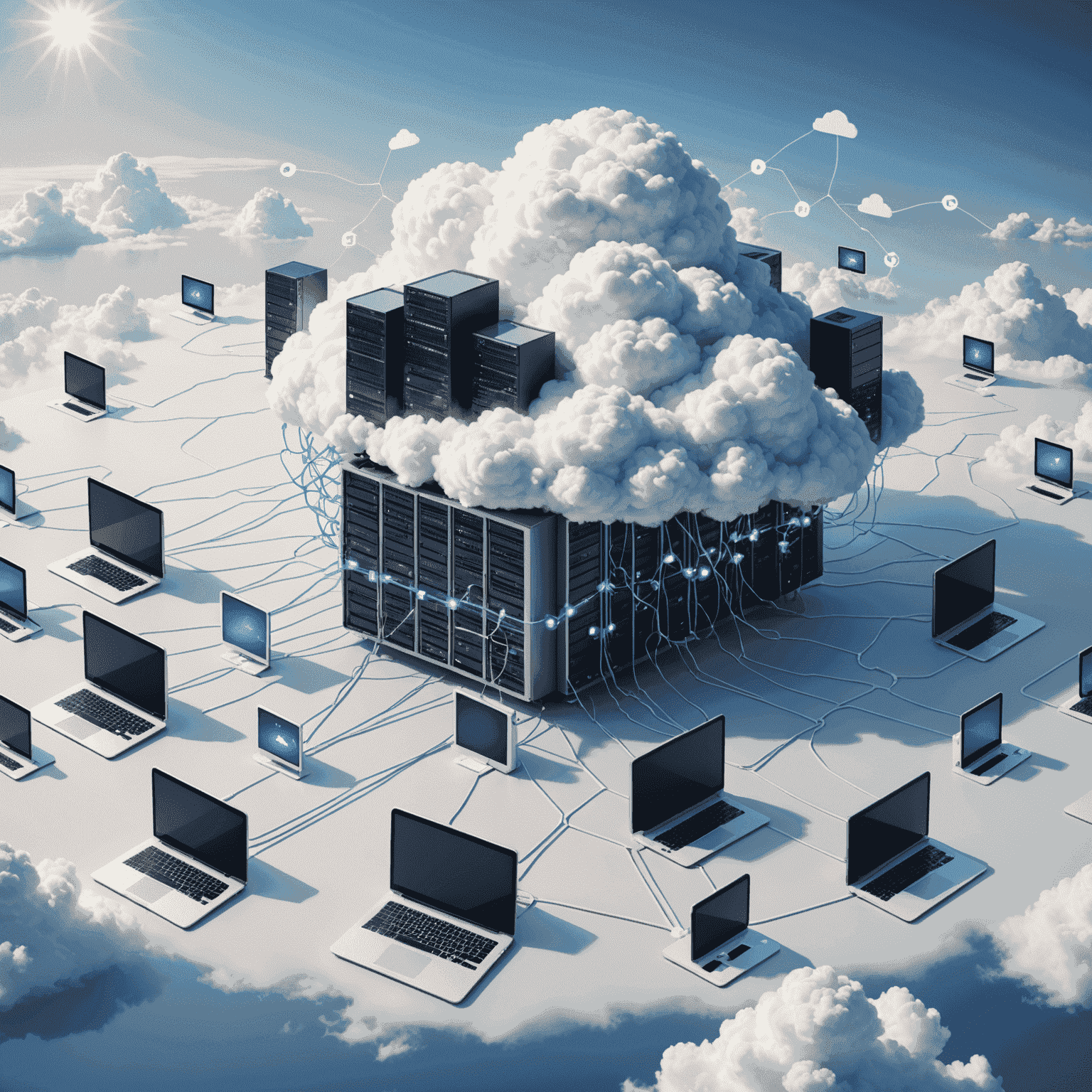 Ilustracja przedstawiająca chmurę z ikonami serwerów i urządzeń połączonych siecią