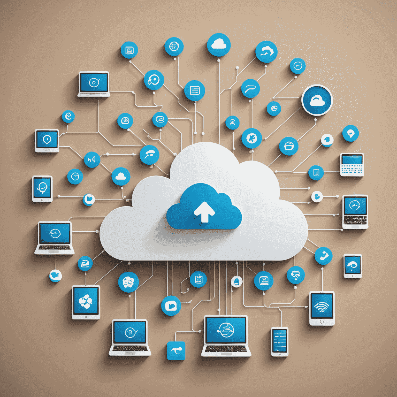 Ilustracja przedstawiająca chmurę z ikonami serwerów, urządzeń i strzałek symbolizujących przepływ danych