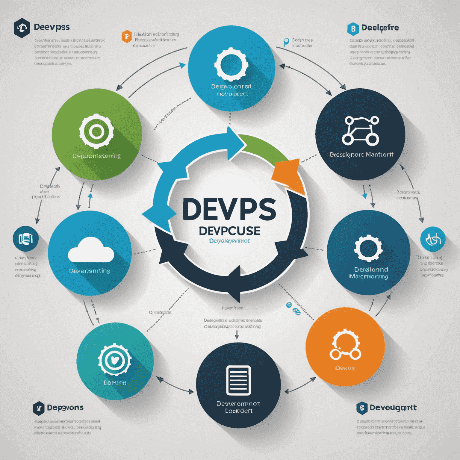 Infografika przedstawiająca cykl DevOps z ikonami reprezentującymi rozwój, testowanie, wdrażanie i monitorowanie